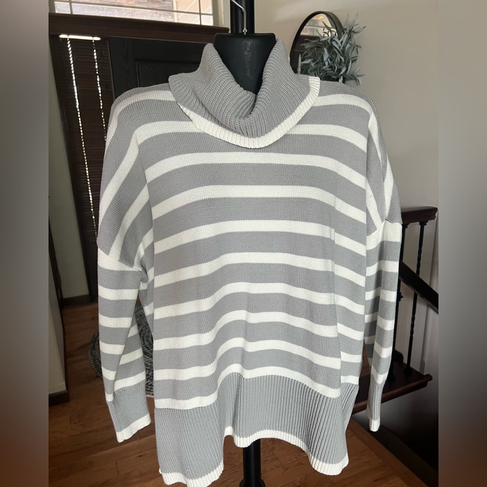 LOFT Striped Turtleneck Poncho Sweater Size M Grey